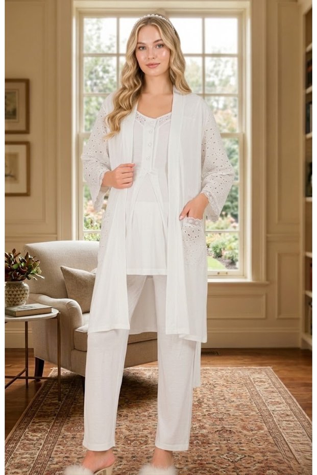 New Season Ecru Short Sleeve Stylish Eyelet Embroidery Linen Detailed Buttoned Maternity Pajama Set