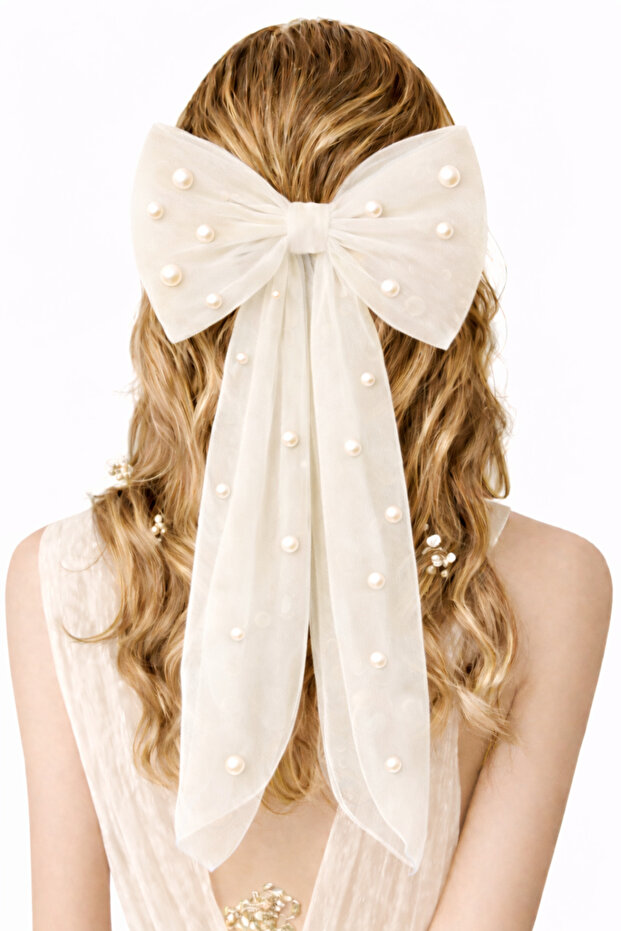 Pearl Detailed Ecru Bowknot Hair Clip with Comb