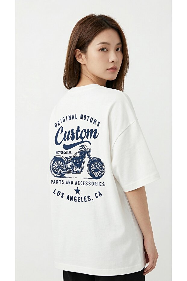 Women's Oversized T-Shirt Motor Printed White – Crew Neck, 100% Cotton Compact T-Shirt