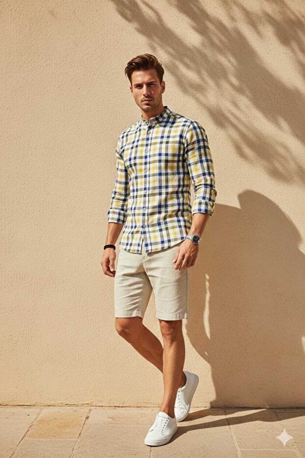 Colorful Checked Linen Long Sleeve Men's Shirt
