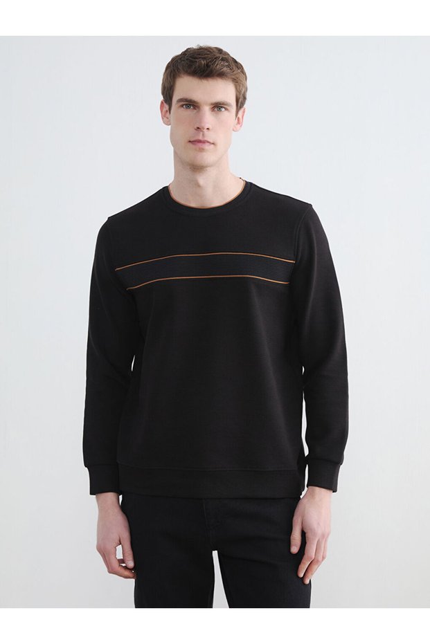 Lcwaikiki Classic Black Crew Neck Striped Detail Men's Sweatshirt