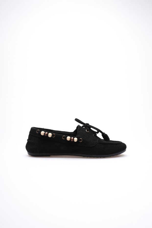 Women's Black Beaded Casual Suede Shoes Tr27Ms07A