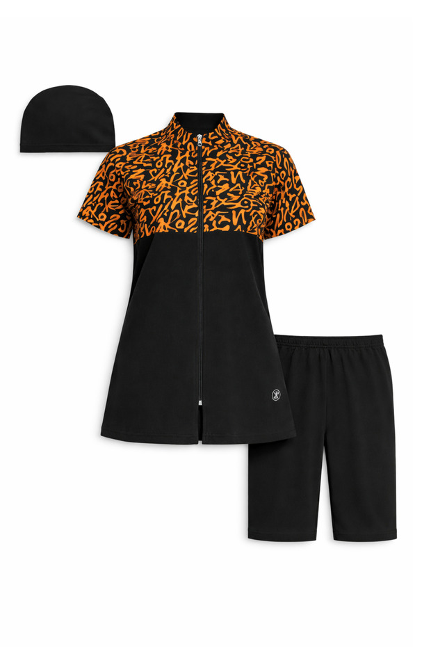 3-Piece Black Patterned Waiter Boy Swimsuit Set – Short Sleeve Children's Closed Swimsuit (Top, Shorts, Cap)