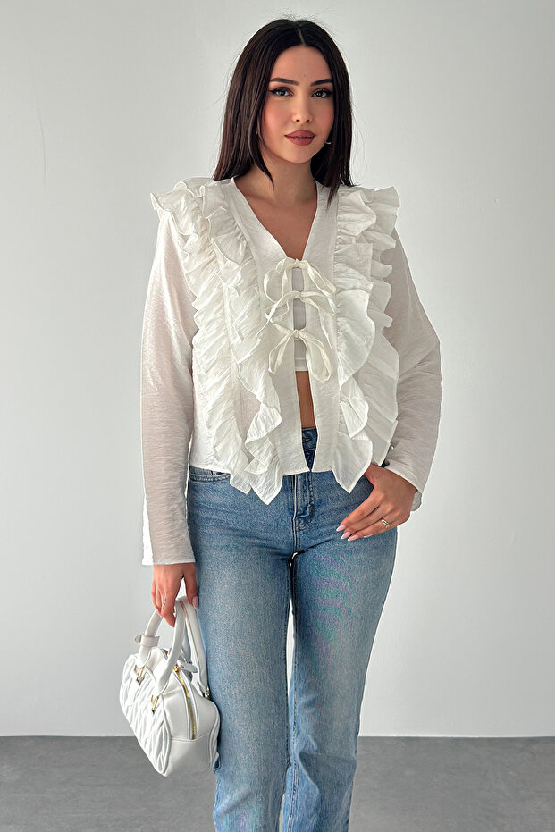 Women's Ruffle Detail Tie-Up Blouse – Stylish Long Sleeve Ruffled Blouse
