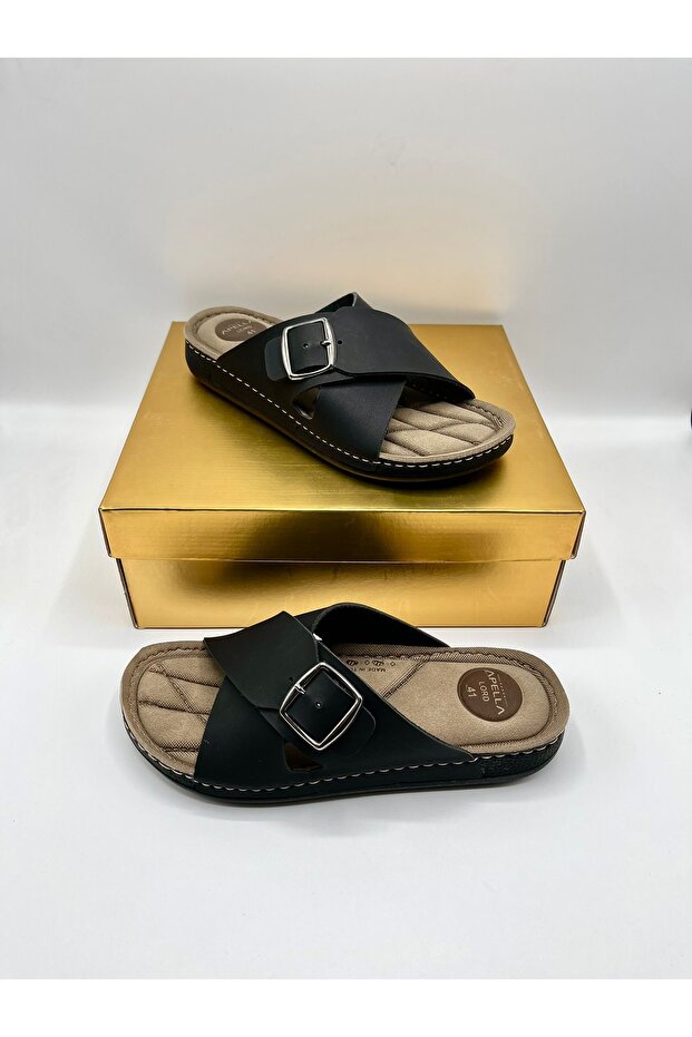 Men's Black Cross Model Buckled Orthopedic Sole Stitched Slipper