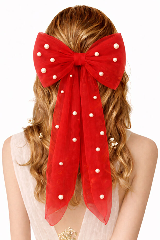 Pearl Detailed Red Bow Hair Clip with Scalloped Edge
