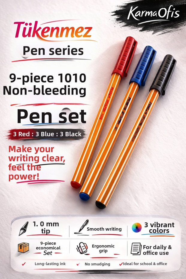 1010 Ballpoint Pen Set 1.0 mm | Blue Red Black | Long-Lasting Office & School Pen (Set of 9)