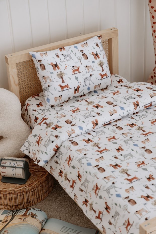 Single Child Duvet Cover Set (160X220), Organic Cotton Satin - Dogs