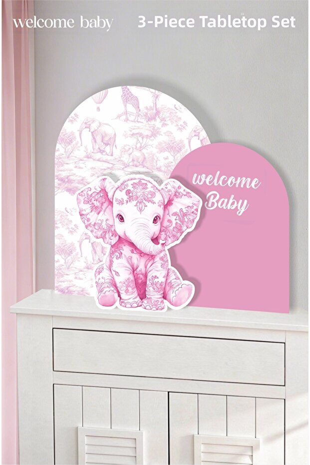 Safari Pink Elephant Welcome Baby 3 Piece Tabletop Standing Board Set