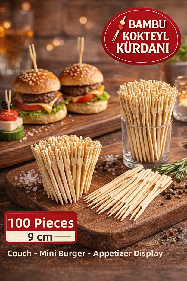 100 Pieces of Bamboo Prong Toothpicks 9 cm Cocktail Toothpicks Snack Presentation Toothpicks Mini Burger Toothpicks