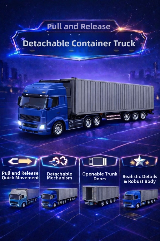 30 cm Pull and Drop Detachable Dorse Container Truck with Opening Luggage Door Diecast Metal Toy Truck