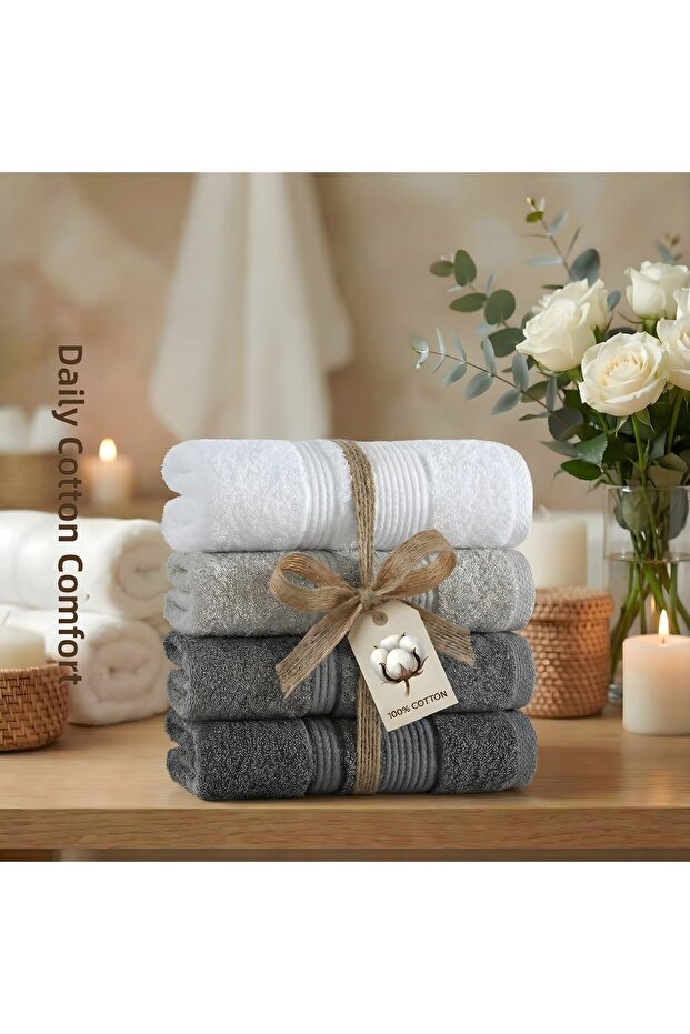 100% Cotton 4-Piece Hand and Face Towel Set 50X90 cm – Dowry Set, Daily Use, Ultra Soft, High Absorbency