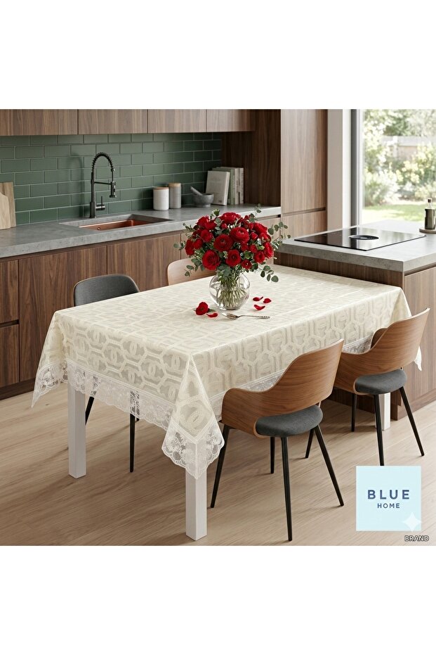 Lace Appearance Easy to Clean Liquid-Proof Non-Perforated Pvc Tablecloth - 120 X 150 Cream