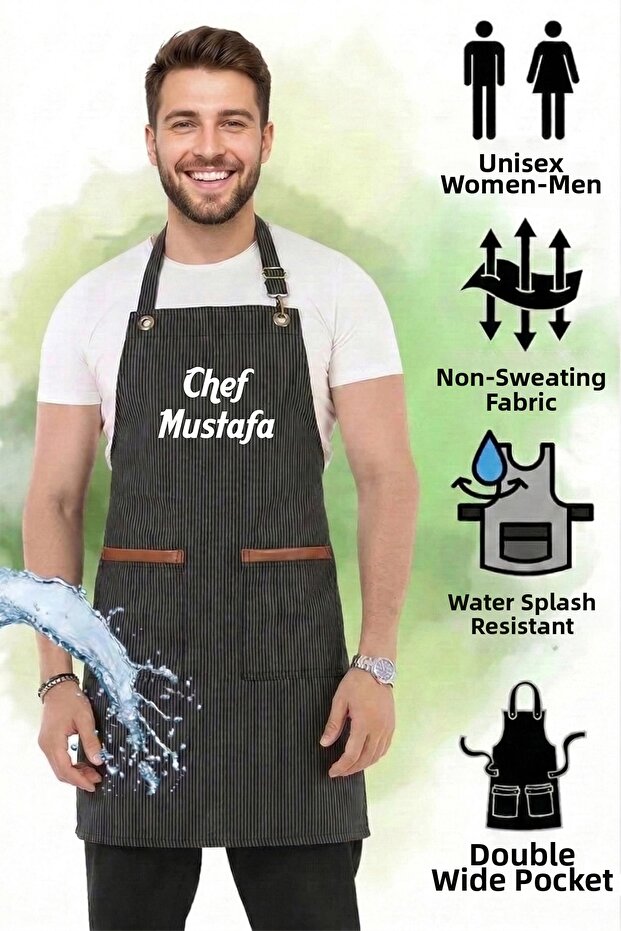 Black Work Apron Personalized with Name Customized for the Company Chef Waiter Cafe Cook Kitchen Barista Hairdresser