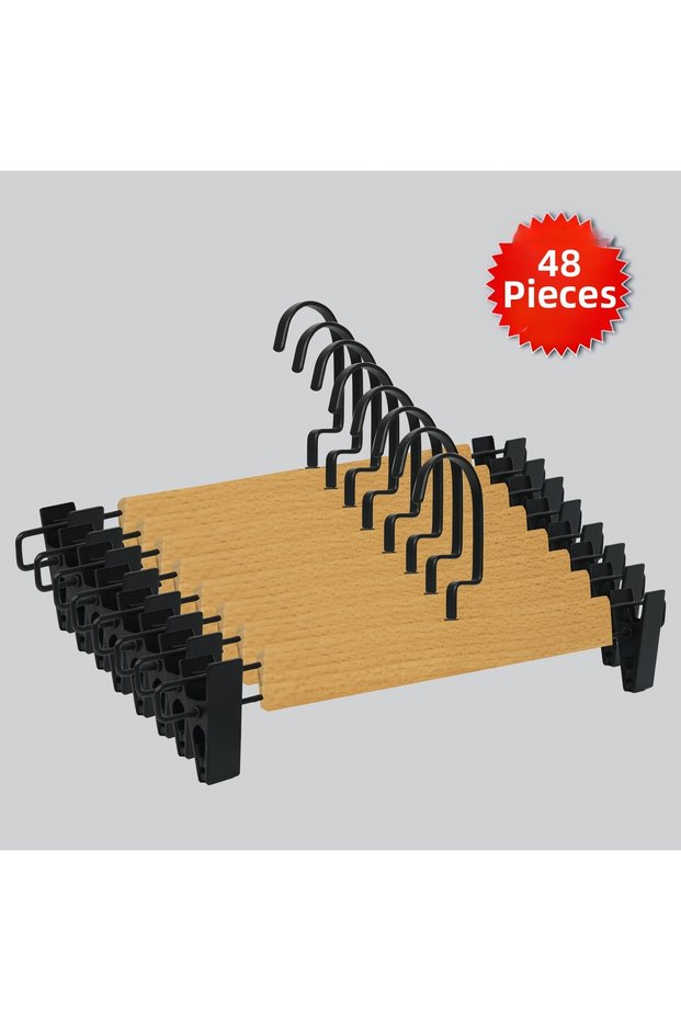 Wooden (Black Hook Lama) Clothes Hangers for Pants and Skirts, Natural Color, 48 Pieces