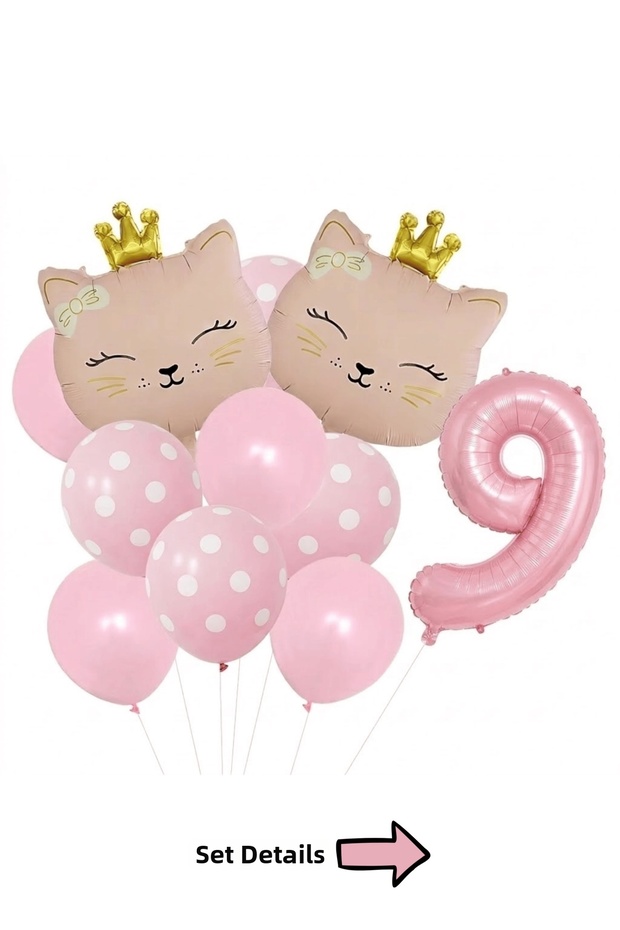 Pink Cat Themed 9Th Birthday Foil Balloon Set 11 Piece Party Decoration