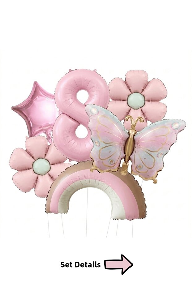 8 Years Old Retro Pink Daisy Rainbow Butterfly Themed Balloon Set Party Decoration