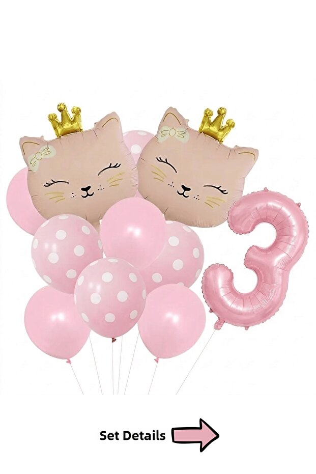 Pink Cat Themed 3Rd Birthday Foil Balloon Set 11 Piece Party Decoration
