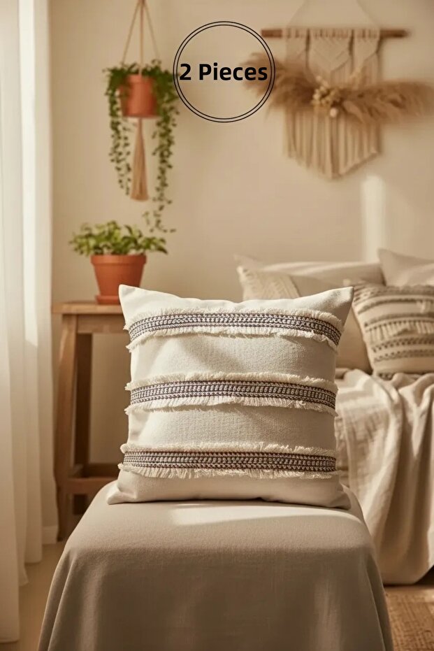 Mini Double Tasseled Linen Cream Cushion 2 Pieces Cushion Cover (43 X 43)