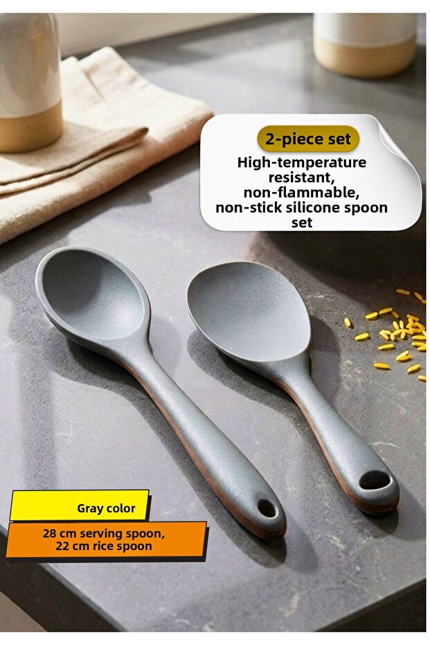 Set of 2 Silicone Spoons Gray | Fireproof Non-Stick Heat Resistant | Serving Pilaf Spoon 28 cm - 22 cm