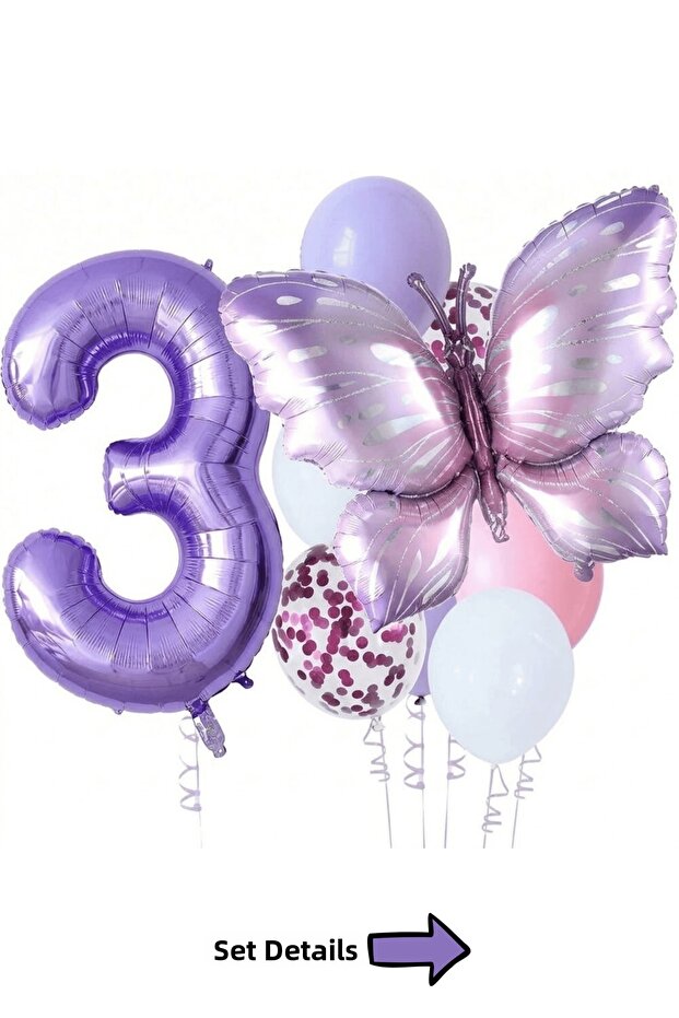 3 Year Old Purple Butterfly Themed Birthday Balloon Set Party Decoration