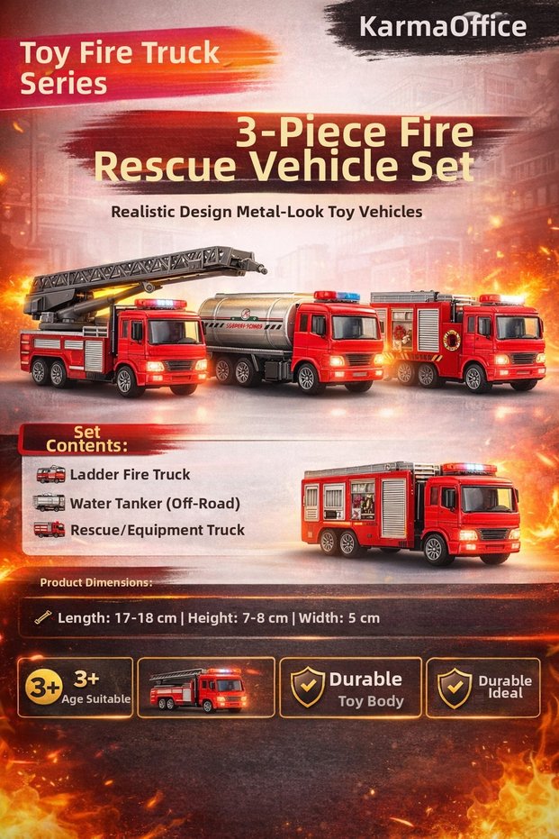 3-Piece Fire Truck Set Toy – Plastic – Fire Truck with Ladder, Off-Road Water Tanker & Rescue Vehicle