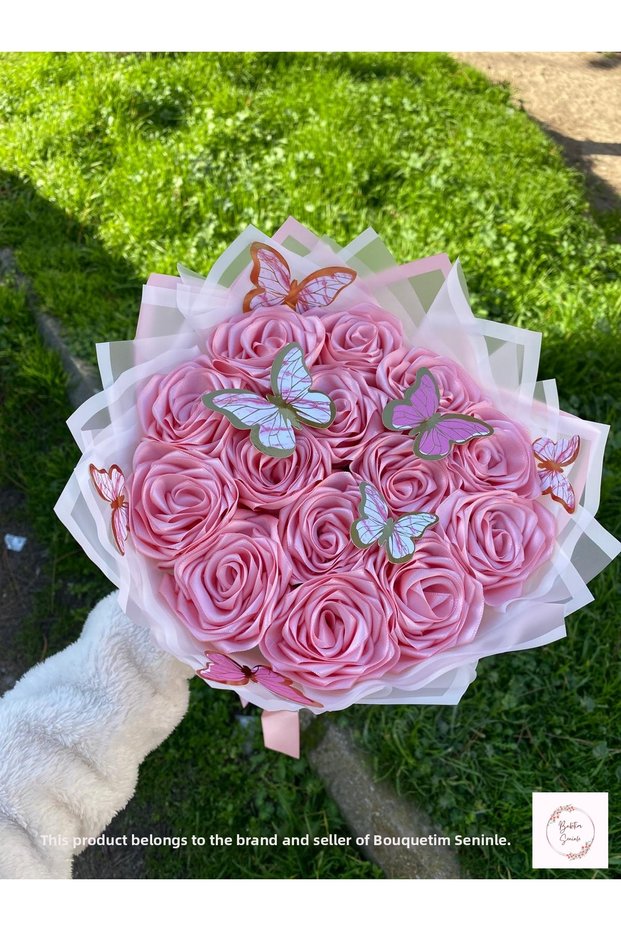 14-Piece Pink Butterfly Satin Rose Bouquet, Non-Fading Flower, Gift Bouquet for Lover & Friend