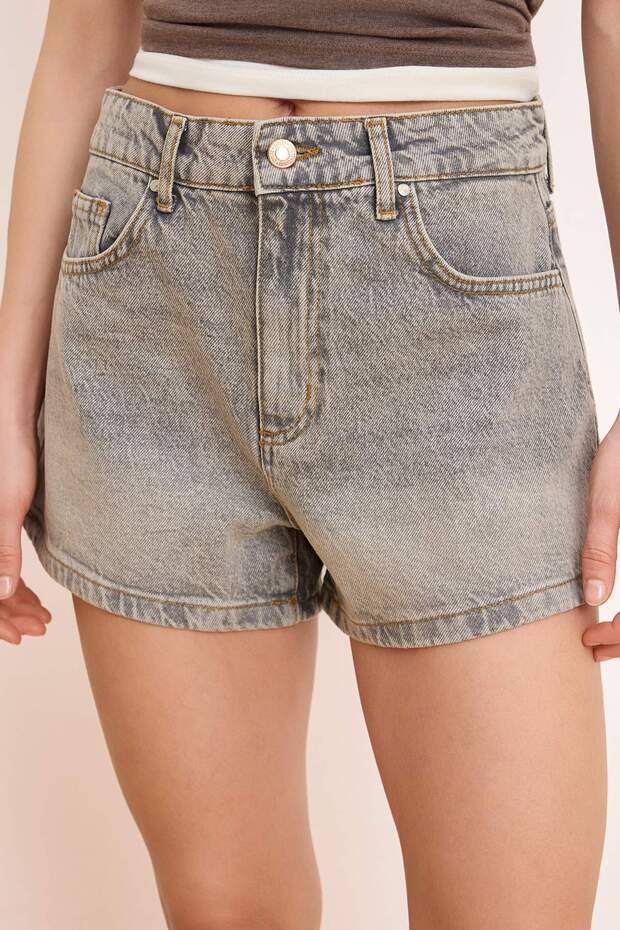 Gri Yüksek Bel Mini Denim Şort TWOSS24SR00174 - 3
