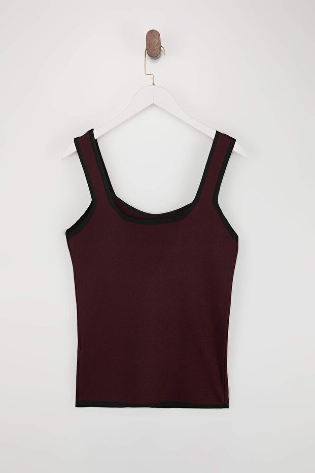 Bordo Çizgi Detaylı Kare Yaka Bodycon İnce Triko Bluz TBBSS24AF00052 - 6