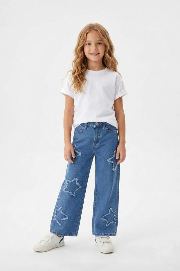 Mavi Kız Çocuk Geniş Paça Yıldız Desenli %100 Pamuk Lastikli Denim Pantolon TKDAW25PL00001 - 2