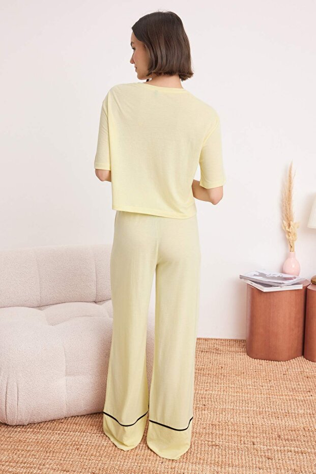 Sarı %100 Pamuklu Eğlence Baskılı Biye Detaylı Örme Pijama Takımı THMSS21PT0953 - 4