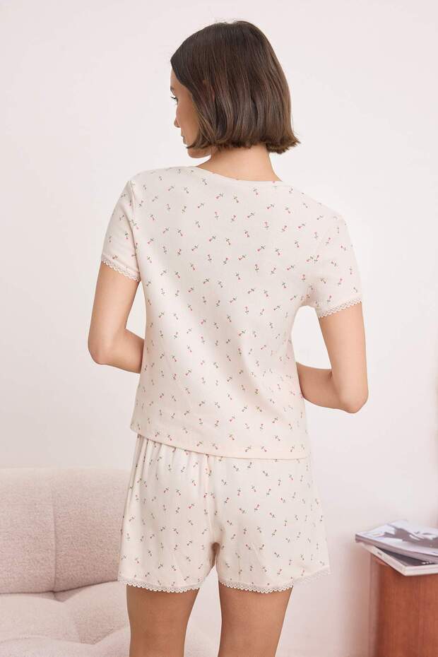 Açık Pembe Pamuklu Çiçekli Dantel Detaylı Fitilli/Kaşkorse Örme Pijama Takımı THMSS26PT00125 - 4