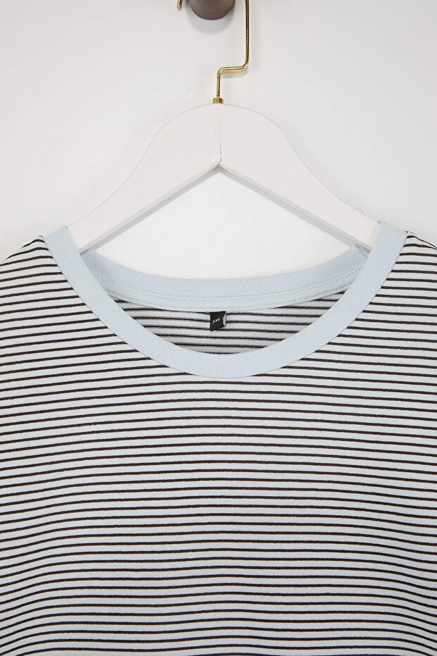 Kahverengi Çizgili Bisiklet Yaka Çizgili Örme T-Shirt TBBSS23BF00068 - 2