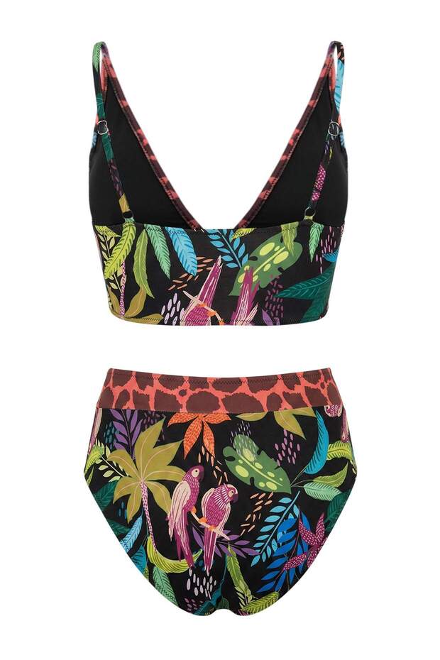 Tropikal Desenli Üçgen Kaplı Hipster Yüksek Bel Bikini Takımı TBESS25BT00095 - 4