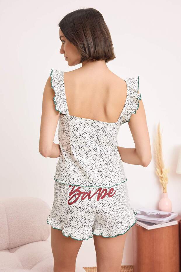 Beyaz %100 Pamuklu Puantiyeli Slogan Baskılı Fırfırlı Örme Pijama Takımı THMSS26PT00143 - 4