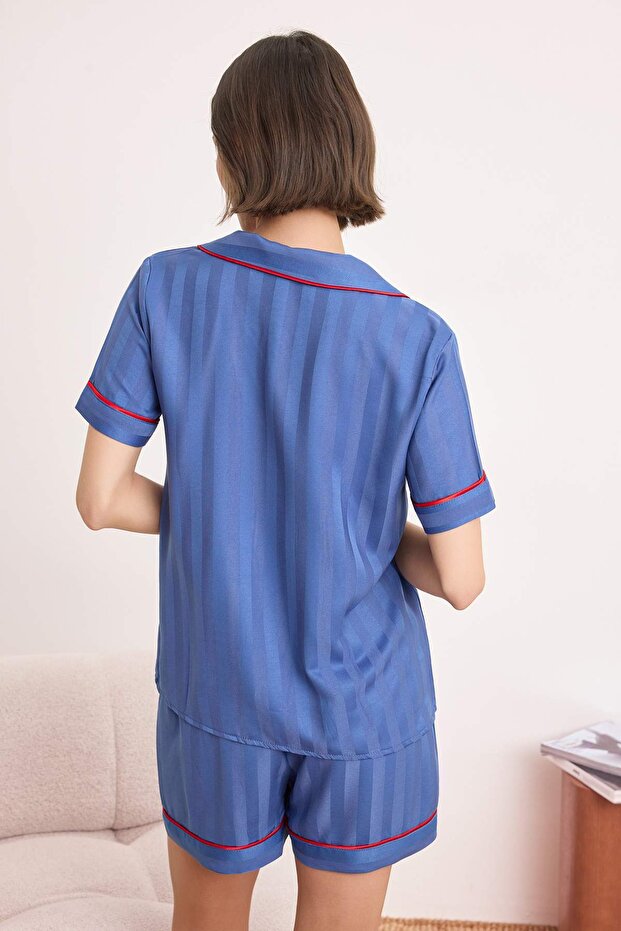 Mavi Kalp Nakışlı Çizgili Biye Detaylı Saten Dokuma Pijama Takımı THMSS26PT00105 - 4