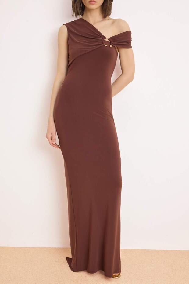 Kahverengi Büzgü / Drape Detaylı Saten Maxi Abiye & Mezuniyet Elbisesi TPRSS26AE00016 - 3