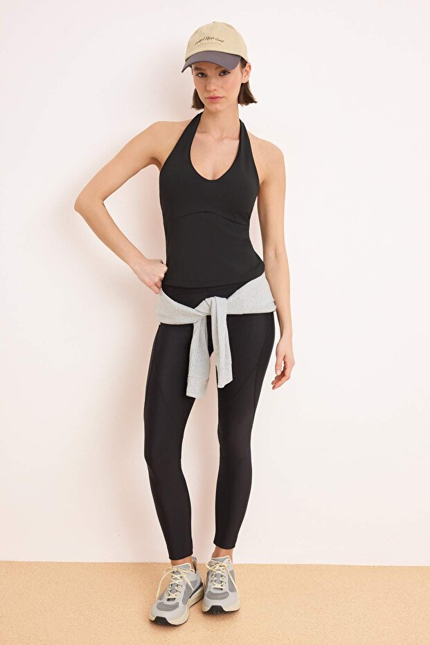 Siyah Dalgıç/Scuba Kumaş Boyundan Bağlama Detaylı Örme Spor Üst/Bluz THMSS26BZ00007 - 2