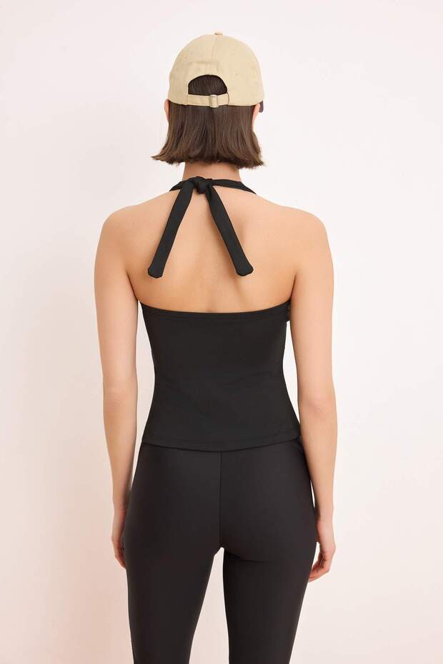 Siyah Dalgıç/Scuba Kumaş Boyundan Bağlama Detaylı Örme Spor Üst/Bluz THMSS26BZ00007 - 4