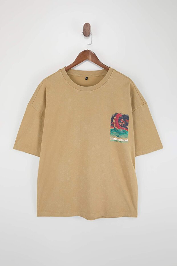 Büyük Beden Vizon Örme Oversize/Geniş Kesim Eskitme/Soluk Efektli %100 Pamuk T-shirt TMNSS25BF00016 - 6