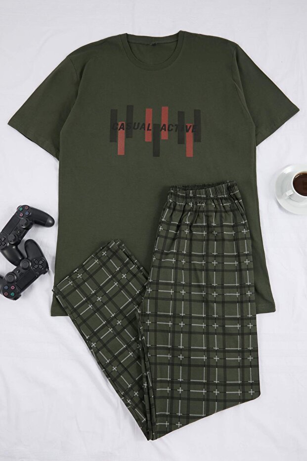 Yeşil Büyük Beden Regular/Normal Kesim Baskılı Alt Ekose Desen Pijama Takımı TMNSS26AI00011 - 4