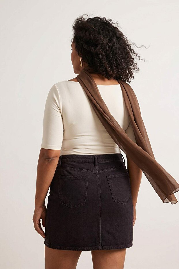Kahverengi Yüksek Bel %100 Non-Stretch Pamuk A Shape Denim Etek TBBAW23AZ00042 - 2