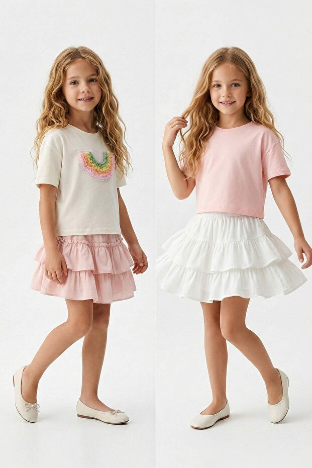 Somon-Beyaz 2'li Kız Çocuk Düz Örme T-Shirt TKDSS26TS00014 - 1