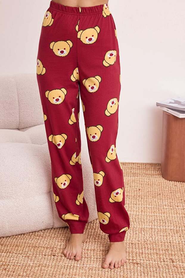 Bordo %100 Pamuklu Ayıcıklı Örme Pijama Takımı THMSS21PT0195 - 3