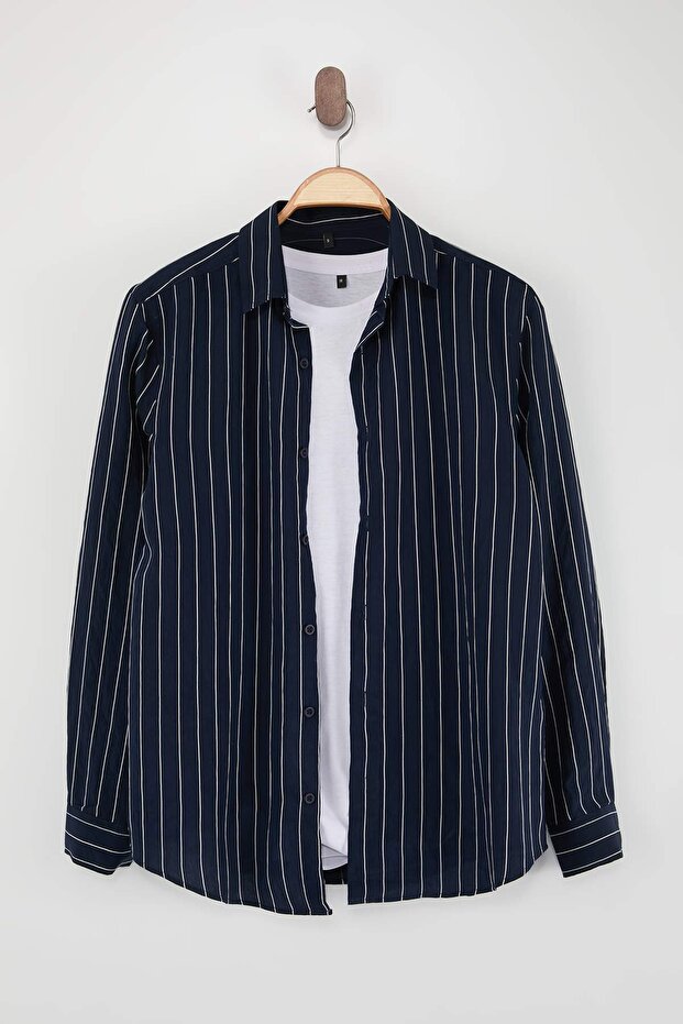 Lacivert Normal Kalıp/Regular Fit Çizgili Uzun Kollu Yazlık Erkek Dokuma Gömlek TMNSS26GO00014 - 3
