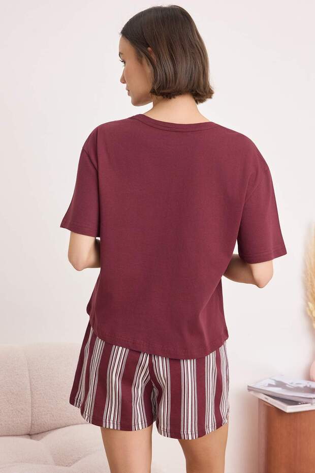 Bordo %100 Pamuklu Çizgili Örme Pijama Takımı THMSS26PT00167 - 4