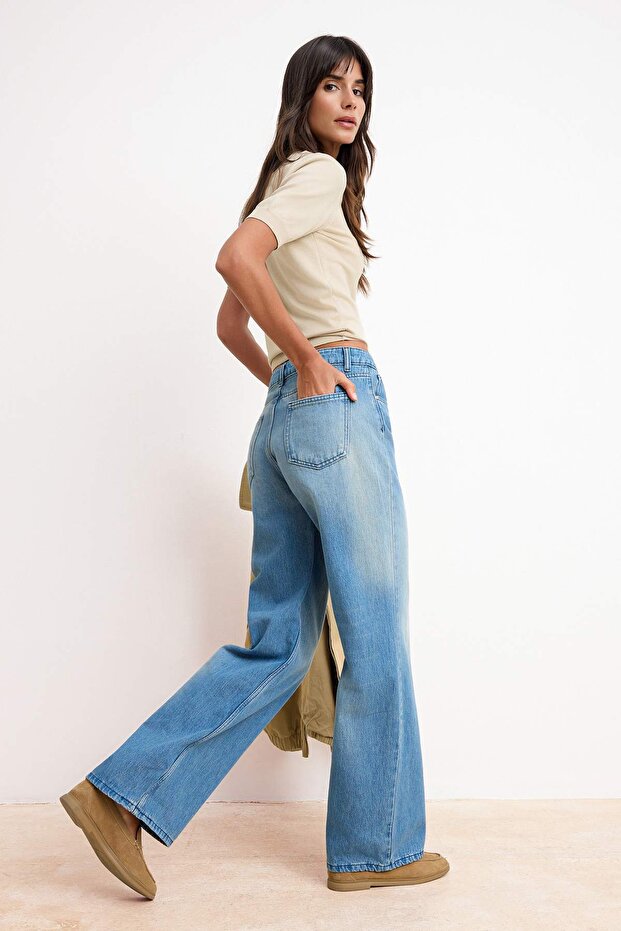 Mavi DÖKÜMLÜ Yüksek Bel %100 Pamuk Wide Leg Jeans TWOSS26JE00115 - 1