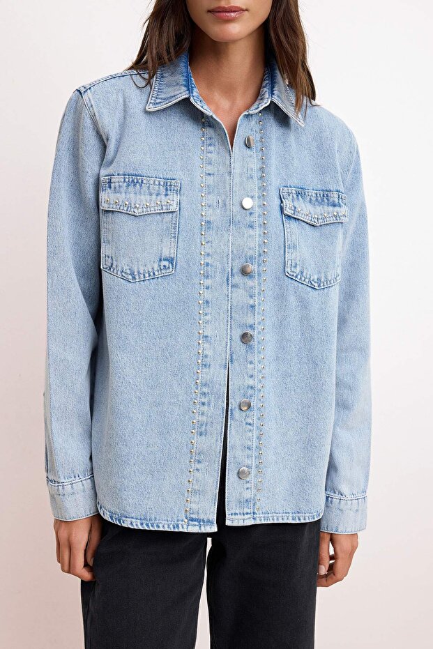 Açık Mavi Trok Detaylı Regular 100% Pamuk Oversize Denim Gömlek Ceket TWOSS26GO00003 - 3
