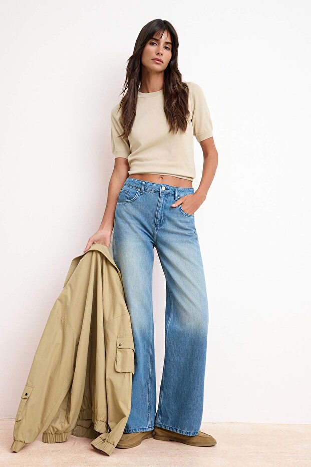 Mavi DÖKÜMLÜ Yüksek Bel %100 Pamuk Wide Leg Jeans TWOSS26JE00115 - 2
