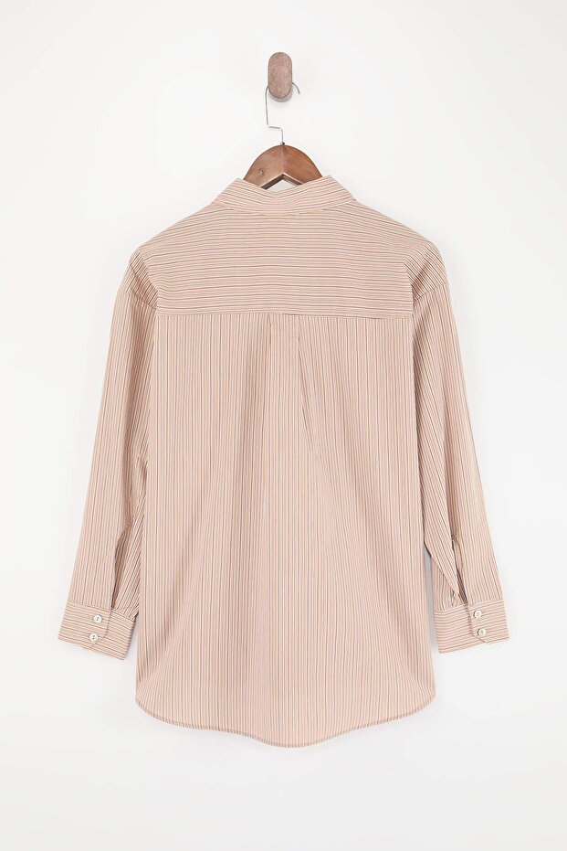 Kahverengi Çizgili Dokuma Oversize Gömlek TWOSS26GO00148 - 7
